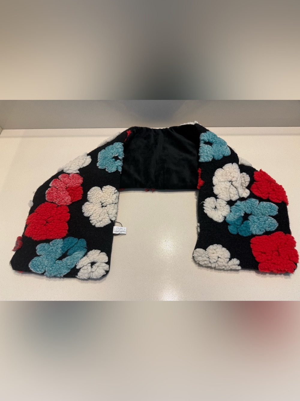 Brand New Cozy Floral Knit Scarf in Black with Red, Teal & Cream Accents